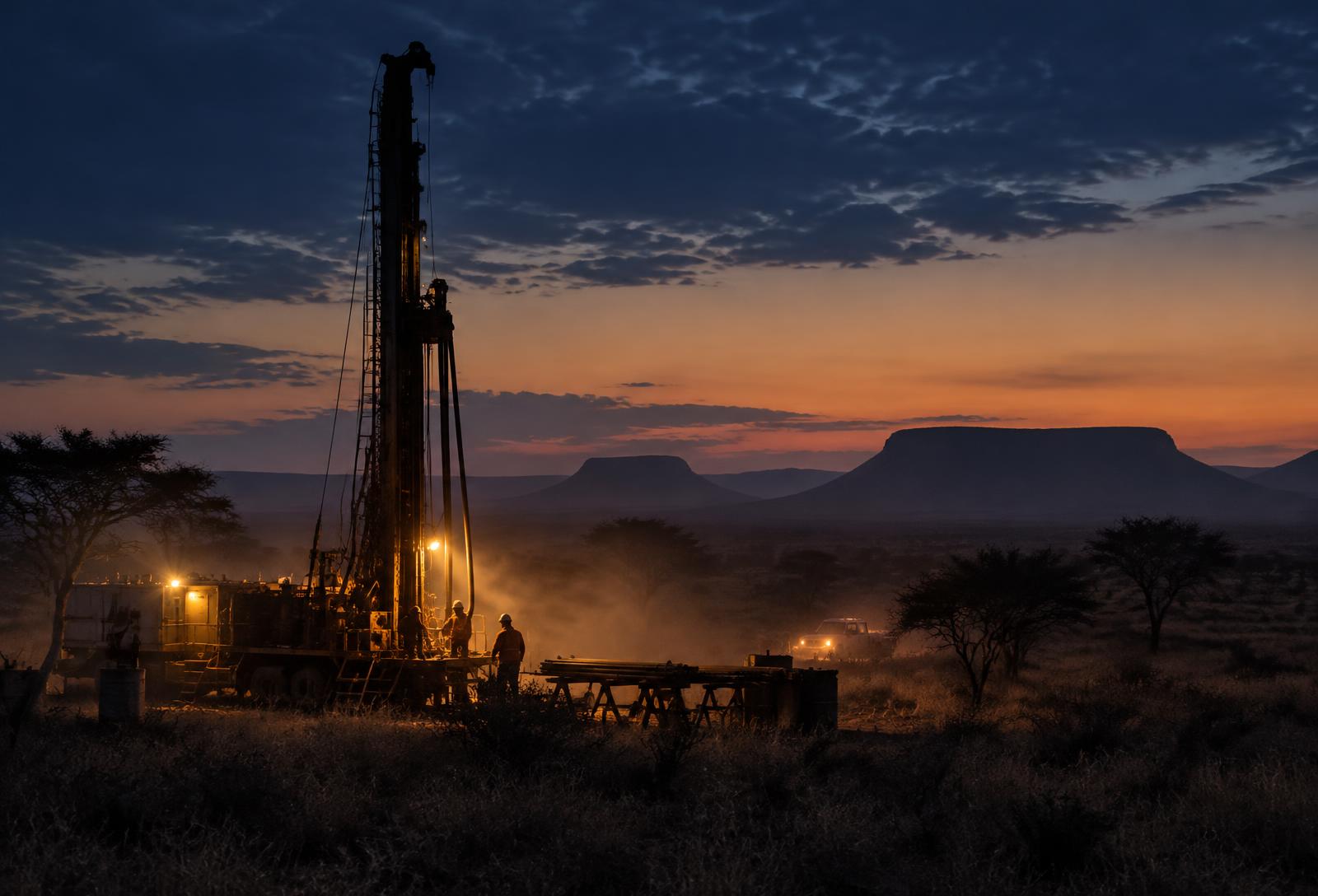 Exploration drill rig on the South African bushveld at dusk